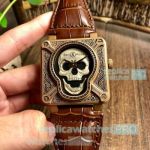 Bell & Ross Replica Instruments BR-01 Burning Skull Gold Skull Dial Brown Leather Strap Watch